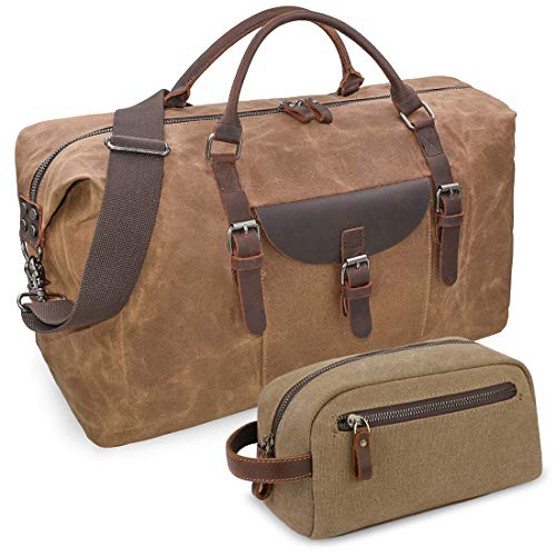 Oversized Travel Duffel Bag Waterproof Canvas Weekender Leather Overnight Hand Bag with Toiletry Bag