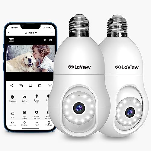 LaView 4MP Bulb Security Camera 2.4GHz,360° 2K Security Cameras Wireless Outdoor Indoor Full Color Day and Night, Motion Detection, Audible Alarm, Easy Installation, Compatible with Alexa (2 Pack)