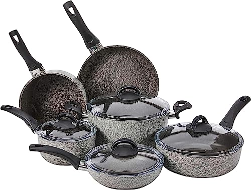 BALLARINI Parma by HENCKELS 10-pc Nonstick Pot and Pan Set, Made in Italy, Set includes fry pans, saucepans, sauté pan and Dutch oven with lid,Gray