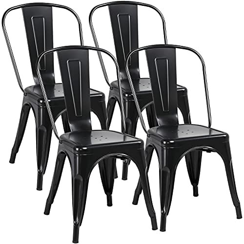 Yaheetech Iron Metal Dining Chairs Stackable Side Chairs Bar Chairs with Back Indoor/Outdoor Classic/Chic/Industrial/Vintage Bistro Trattoria Kitchen Restaurant Matte Black, Set of 4