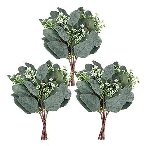 Whonline 20pcs Artificial Eucalyptus Leaves Stems with White Seeds Short Silver Dollar Artificial Flowers for Decoration Greenery Stems Plants for Flower Arrangement Wedding Bouquets Decor