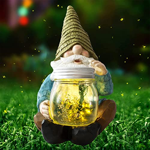 Vcdsoy Solar Firefly Jar Gnome Waterproof - Gifts for Mom Women Solar Outdoor LED Lights Resin Garden Gnome Statues Decor 10.4' Lantern Figurines Funny Decorations Outdoor Indoor Porch Decor