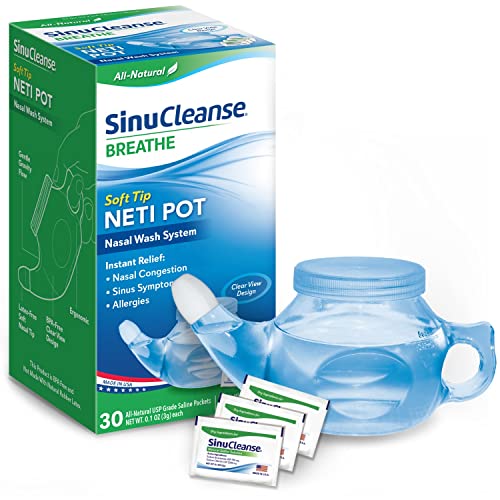 SinuCleanse Soft Tip Neti-Pot Nasal Wash System, Relieves Nasal Congestion Due to Cold & Flu, Dry Air, Allergies, 30 All-Natural Saline Packets