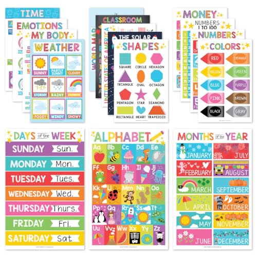 Hadley Designs 16 Educational Posters for Classroom & Kindergarten, Kindergarten Classroom Must Haves, Laminated PreK Learning Chart Materials US & World Map, ABC Alphabet, Shapes, Days of the Week