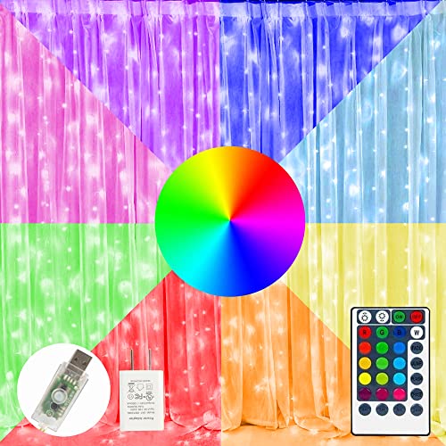 FUNPENY 300 LED Window Curtain Lights, 4 Lighting Modes Fairy Copper Lights with Remote, USB Powered RGB Color Changing String Icicle Lights for Indoor Outdoor Christmas Wedding Party Decor