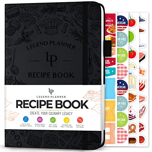 Legend Recipe Book – Blank Family Cookbook to Write In Your Own Recipes – Empty Cooking Journal – Personalized Cooking Notebook, Hardcover, A5, 58 Recipes In Total (Black)