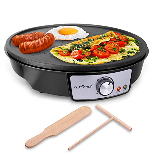 NutriChef Electric Griddle & Crepe Maker | Nonstick 12 Inch Hot Plate Cooktop | Adjustable Temperature Control | Batter Spreader & Wooden Spatula | Used Also For Pancakes, Blintzes & Eggs
