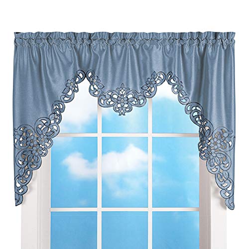 Collections Etc Elegant Cut Out and Embroidered Scroll Window Valance with Rod Pocket Top for Easy Hanging, Blue, 58' X 36'