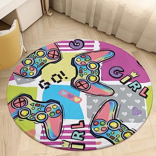 HoaMoya Pink Joystick Gamepad Round Area Rug Girl Gamer Circle Rug Carpet Large Circular Rugs Non-Slip Mat for Kitchen Living Room Bedroom Decoration 90 * 90cm