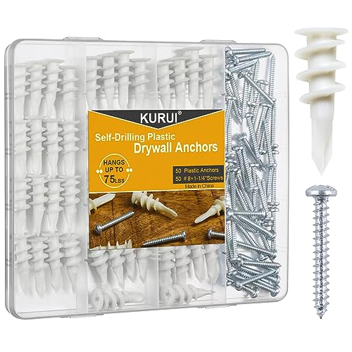KURUI #8 Self Drilling Drywall Anchors, 100PCs Wall Anchors and Screws for Drywall, 50 Self-Tapping/Threaded Plastic Sheetrock Anchors + 50#8 x 1-1/4'' Screws, 75LB Hanging and Mounting