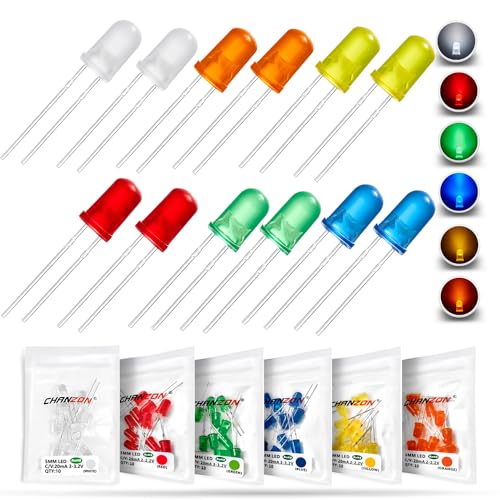 CHANZON 60pcs 5mm LED Diode Lights Assortment Kit Pack Diffused Round Lens DC 3V 20mA Lighting Bulb Lamp Assorted Variety Color Electronics Components Light Emitting Diodes Parts (6 Colors x 10 pcs)