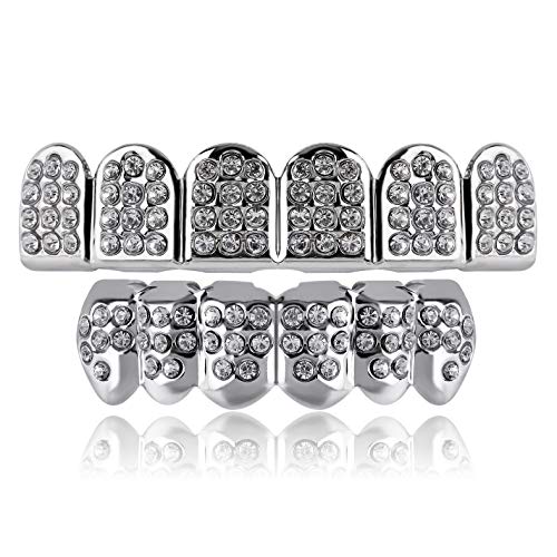 TOPGRILLZ 14K Gold and Silver Plated Iced Out CZ Diamond Top and Bottom Grillz for Your Teeth Hip Hop Men Jewelry (White Gold 6 Fangs)