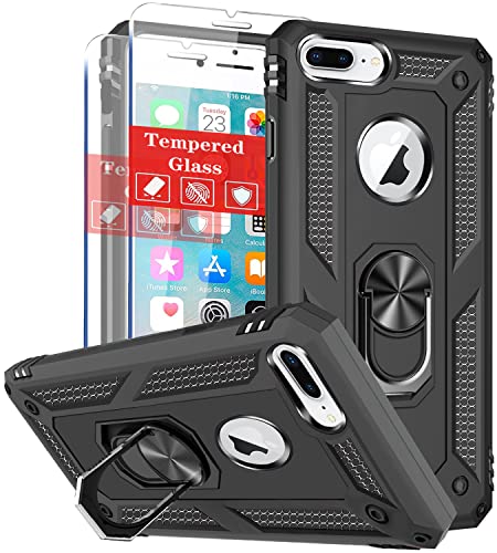 SunRemex for iPhone 8 Plus Case, iPhone 7 Plus Case, iPhone 6/6s Plus Case with Tempered Glass Screen Protector & Kickstand, [Military Grade] for iPhone 8/7/6/6s Plus 5.5'. (Black)
