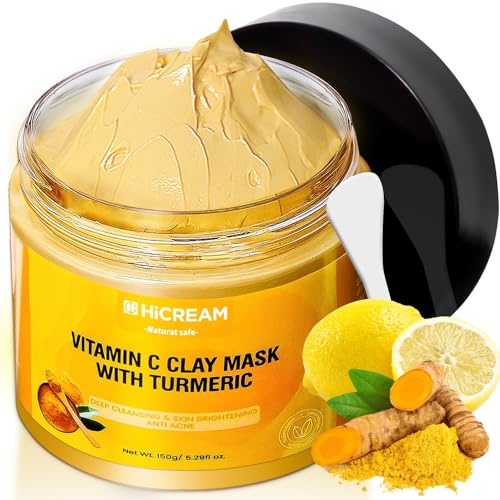 Hicream Turmeric Vitamin C Clay Mask, Deep Cleansing Facial Mask, Clay Face Mask Skin Care with Kaolin Clay and Aloe for Pores, Acne, Dark Spots, Hydrating 5.29 Oz (yellow)