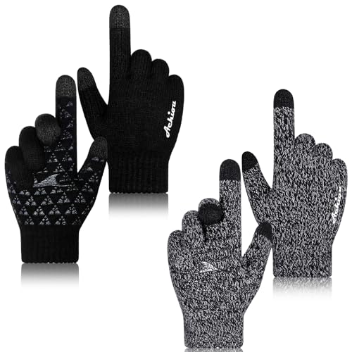 Achiou Winter Gloves for Men Women,2 Pairs Touch Screen Texting Warm Gloves with Thermal Soft Knit Lining,Elastic Cuff