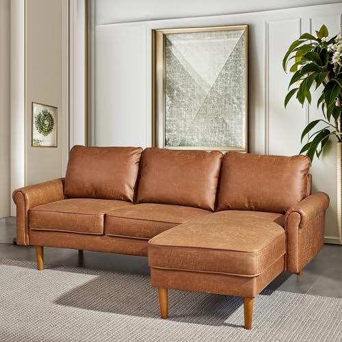 XIZZI L Shaped Couch 81.4' Mid Century Sectional Sofa 3-Seater Living Room Furniture Set with Right Chaise Solid Wood Frame for Apartment,Brown