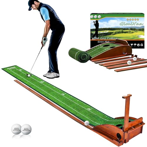 GimiYaa Golf Putting mat Green Indoor and Outdoor with Auto Ball Return,Game Practice Golf Gifts for Home, Office, Backyard Indoor Golf and Outdoor Use, Crystal Velvet Mat and Solid Wood Base (Brown)