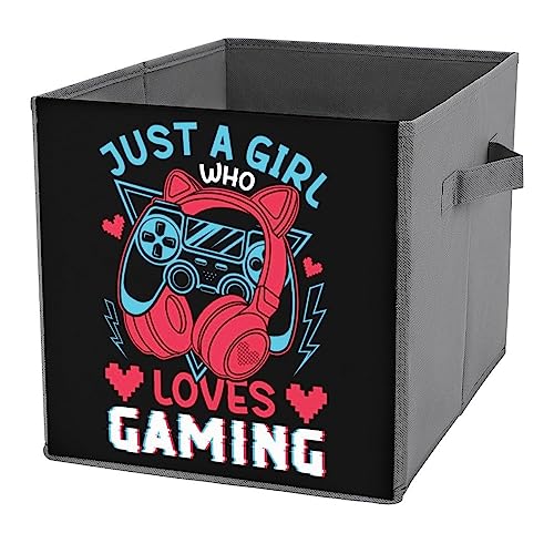 DamTma Retro Game Joystick Cube Storage Bin with Handles Foldable Red Cat Headphones 11 Inch Storage Baskets Toys Organization for Home Room Closet Shelves