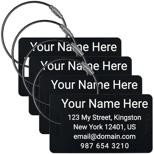 Heavy Duty Personalized Luggage Tags for suitcases - Handmade Customized Laser Engraved Metal Luggage Tags with Stainless Steel Wire Loops Pack of 4 (Black, 2x3.5”)