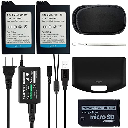 TFSeven 2Pcs High Capacity Rechargeable Lithium Ion Replacement Sony PSP-110 Battery + AC Adapter 5V 2A Wall Travel Power Supply Compatible for PSP 1000 Series Accessories Kit