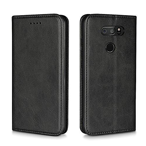 BGTXCZ LG V30/V30 Plus/V35 ThinQ Case, Luxury [Cowhide Genuine Leather][Magnetic Closure] Handmade Wallet Case with Kickstand and Card Slots for LGV30/V30 Plus/V35/V35 ThinQ/V30+/V30s - Black
