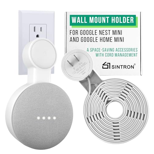 Sintron Outlet Wall Mount Holder for Google Nest Mini and Google Home Mini, A Space-Saving Accessories with Cord Management for Google Smart Speakers 1st Gen. and 2nd Gen., No Messy Wires or Screws.