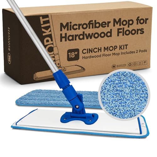 Cinch Mop - Microfiber Mop for Hardwood Floors - Flat Mops System for Wood, Tile, Laminate, Vinyl, 2 Wet Pads Refills, Reusable Micro Fiber Mopping Heads