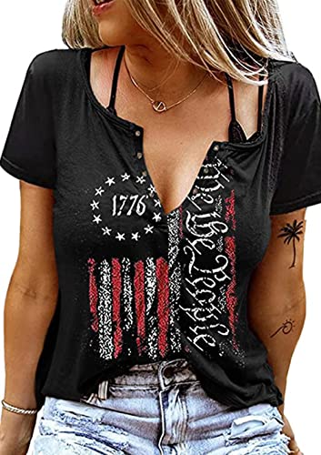 We The People 1776 T Shirt American Flag Patriotic Tee Tops for Women 4th of July Short Sleeve Casual Graphic Tshirt（Large,Black