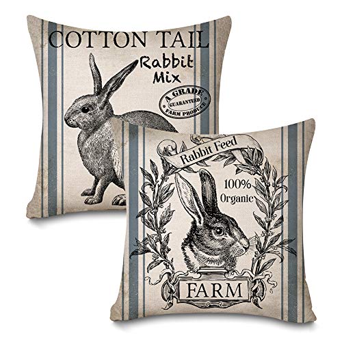Faromily Vintage Farmhouse Bunny Throw Pillow Covers Retro Farm Rabbit Feed Home Décor Throw Pillow Case Cushion Cover 18' X 18' Set of 2 (Vintage Rabbit)