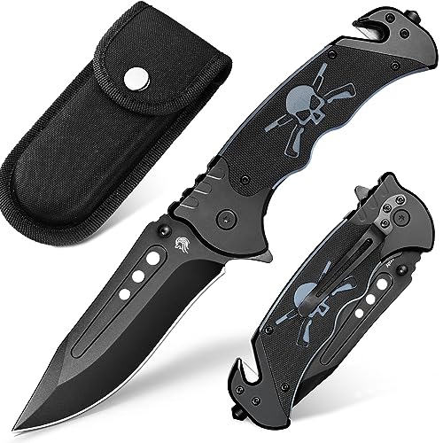 NedFoss GRIZZLY Pocket Knife Tactical Folding Knife with Glass Breaker and Seatbelt Cutter, Unique Skull G10 Handle, Christmas Gifts for Men Women, Cool Survival Knife for Emergency Rescue