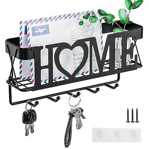 OHOBABY Key Holder for Wall - Key Rack with 5 Key Hooks, 11.02' L×2.75' W×4.92' H, Key and Mail Organizer Wall Mount with Mesh Basket, Key Hanger for Wall, Entryway, Home Decor(Matte Black)