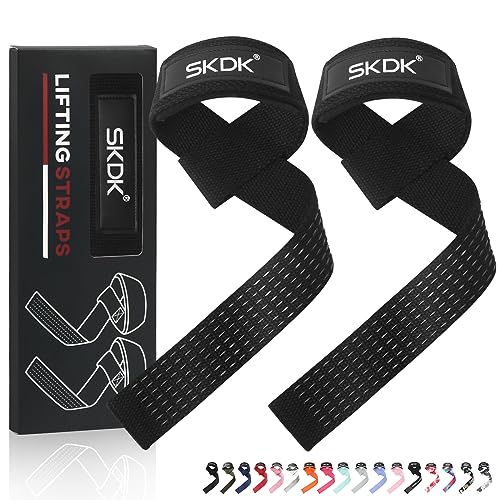 SKDK Cotton Hard Pull Wrist Lifting Straps Grips Band-Deadlift Straps with Neoprene Cushioned Wrist Padded and Anti-Skid Silicone - for Weightlifting, Bodybuilding, Xfit, Strength Training (Black)