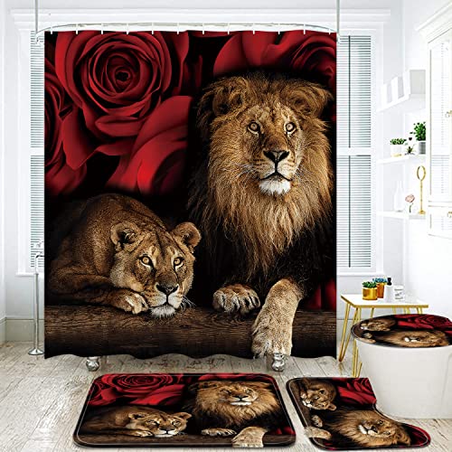 jieprom 4PCS Red Rose and Lion Shower Curtain Bathroom Set with Rugs, Toilet Lid Cover and Bath Mat, Red Shower Curtain with 12 Hooks, Durable Bathroom Decor Set