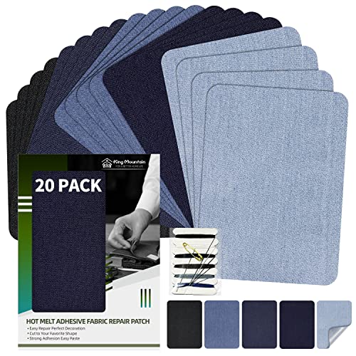KING MOUNTAIN Iron-on Repair Patch 20 Pcs Pack,Denim Patches for Jeans Kit 3' by 4-1/4', 100% Cotton Denim Iron-on Repair Patch,Jeans and Clothing Repair and Decoration Kit (Five Color)