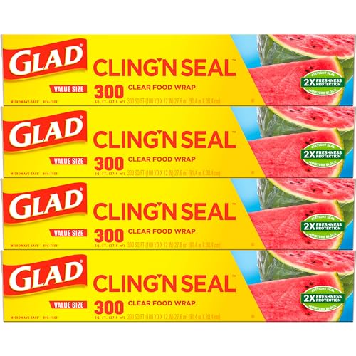Glad Cling N Seal Plastic Food Wrap, 300 Square Foot Roll - 4 Pack (Package May Vary)