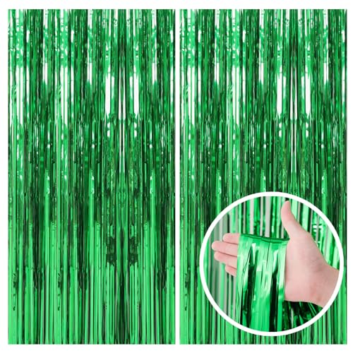 2 Pack Green Streamers Backdrop Jungle Party Decorations Foil Fringe Backdrop Curtains Photo Booth Backdrop for Birthday Dinosaur Animal St Patrick's Day Football Christmas Party Decorations