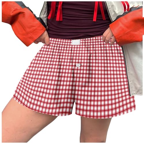 Women Y2K Lounge Shorts Baggy Boxer Shorts Elastic Waist Casual Lounge Bottom Gingham Pajama Shorts Sleepwear Red