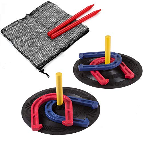 Win SPORTS Rubber Horseshoes Game Set for Outdoor Indoor Games,Beach Games - Perfect for Backyard and Fun for Kids and Adults! (Red&Blue)