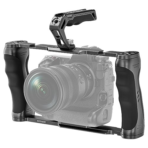 NEEWER Universal Camera Cage & Top Handle with 3/8' ARRI Locating Pins Kit, Video Rig Camera Stabilizer with Arca Type Base, Dual Handgrips, Compatible with SmallRig Accessories, CA016T