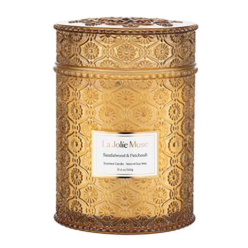 LA JOLIE MUSE Wood Wick Soy Candle, Sandalwood & Patchouli Scent, Large Home Fragrance Candle, Gift for Women & Men