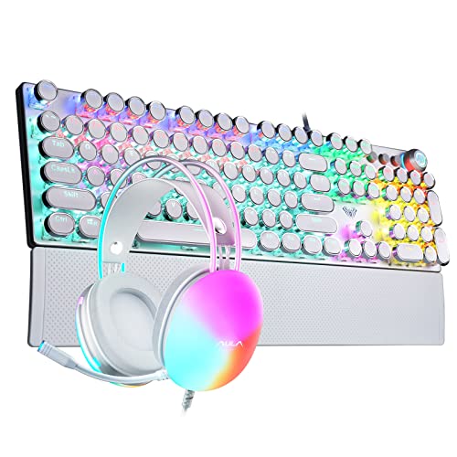 AULA Gaming Keyboard Headset Combo, RGB Rainbow Backlit Keyboard Headset Bundle, Typewriter Style Mechanical Wired Blue Switches White Gaming Keyboard + USB Pink PC Gaming Headset with Microphone