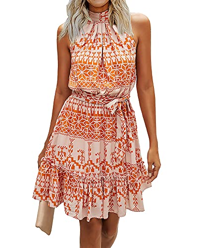 BTFBM Women 2024 Summer Halter Neck Dresses Sleeveless Casual Floral Polka Dot Print Short Boho Ruffle Sundress(Color Block Orange, Large)