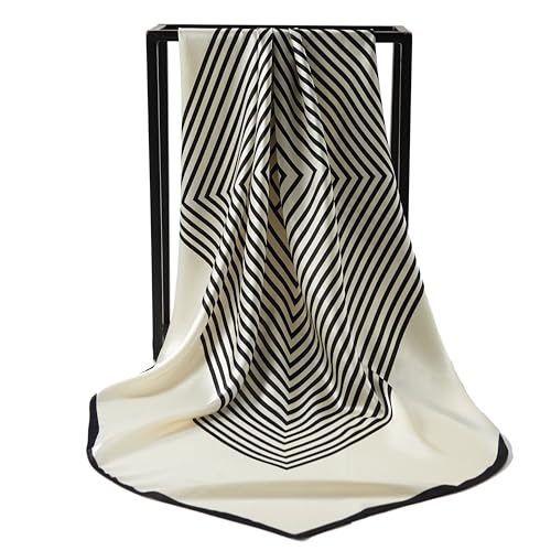 WUZININGLE 100% Silk Scarf Large, 35'x35' Silk Head Scarf for Women, Silk Scarf for Hair Wrapping at Night, Lightweight Square Silk Neck Scarf, White Scarf(Stripes)