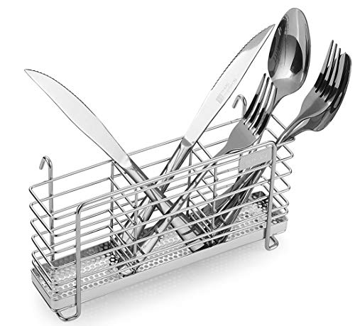 KESOL Sturdy 304 Stainless Steel Utensil Drying Rack Basket Holder with Hooks 3 Divided Compartments, Rust Proof, No Drilling