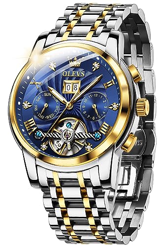 OLEVS Automatic Watches for Men Blue Diamond Skeleton Mechanical Tourbillon Self Winding Luxury Dress Wrist Watches Calendar Luminous Waterproof