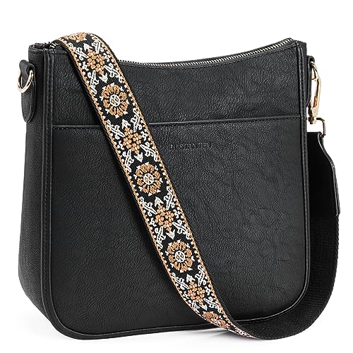 BOSTANTEN Crossbody Bags for Women Trendy Vegan Leather Hobo Purses Shoulder Handbags Wallet Set With Wide Shoulder Strap Black