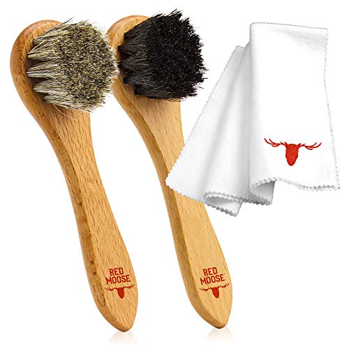 RED MOOSE 3pc Shoe Shine Kit - Shoe Brush and Cleaning Cloth Set - [2] Premium Horsehair Cleaning Brushes and X-Large Buffing Cloth - Leather Polish and Care Set for Shoes and Boots