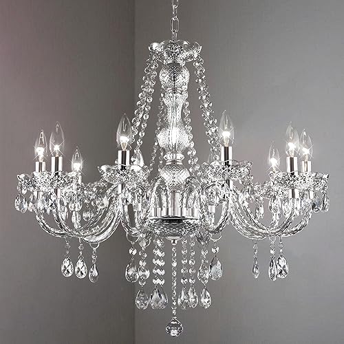 PAPAYA Crystal Chandeliers Clear Chandelier 25 * 27.5in 10-Light Modern Pendant Ceiling Lighting Fixture with Acrylic Crystals & Beads for Girls Room,Living Room,Kitchen Island,Entryway