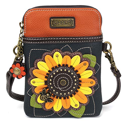 CHALA Cell Phone Crossbody Purse-Women PU Leather/Canvas Multicolor Handbag with Adjustable Strap - Sunflower - navy