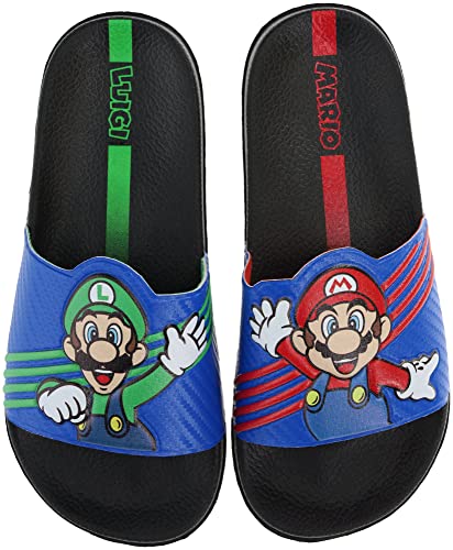 Super Mario Boys' Sport Slide Sandal, Mario & Luigi Mismatch Sandals, Black/Blue, Size 12/13